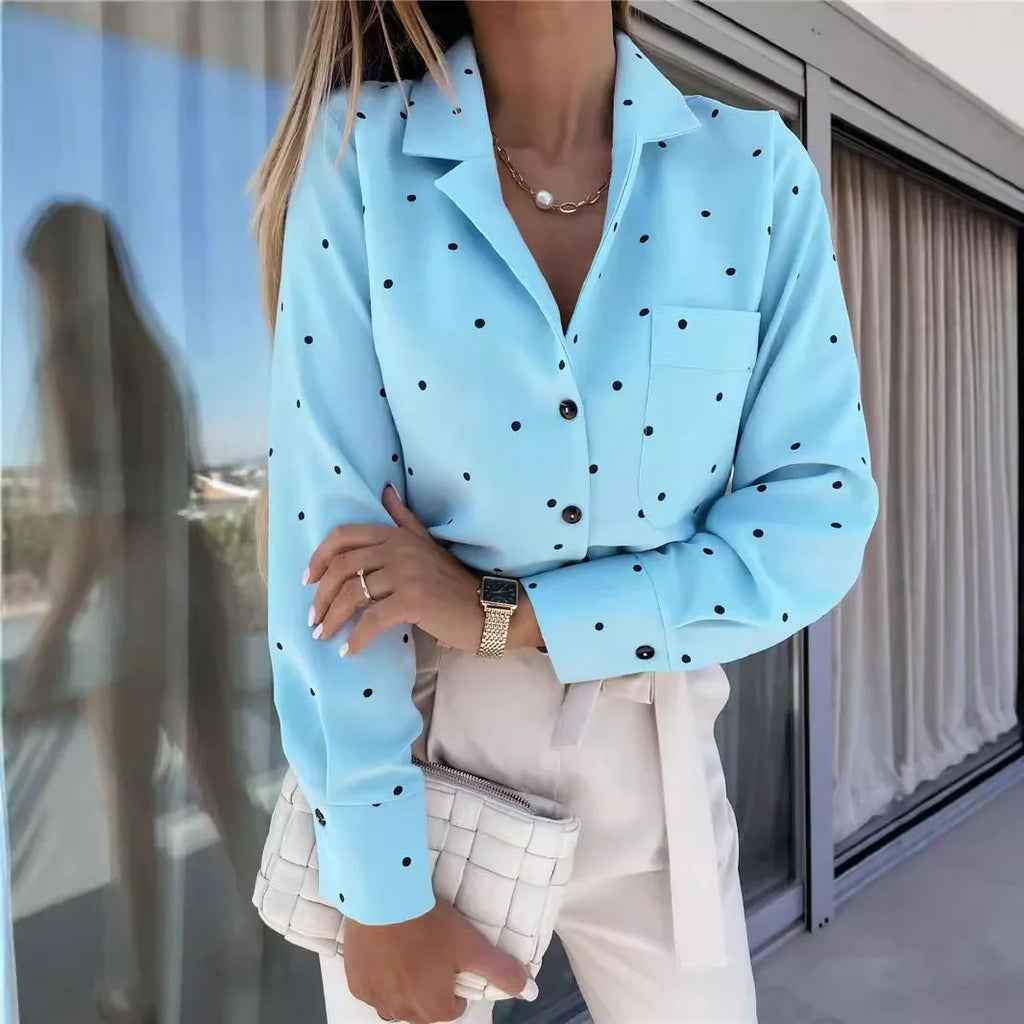 Spring Slim Button Polka Dot Long Sleeve Pocket Shirt Top Women's Clothing