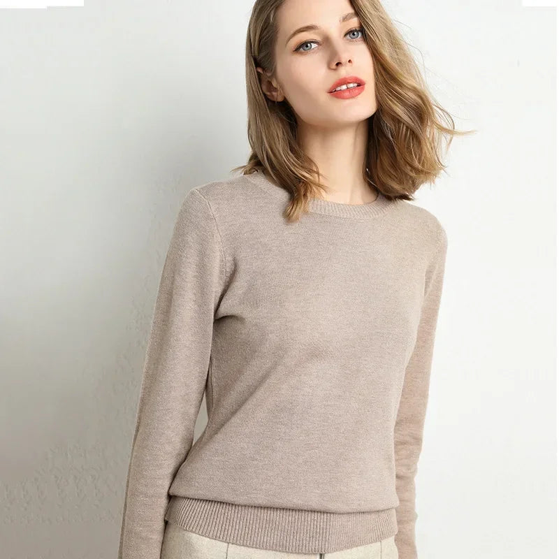 Women's Slim O-Neck Cashmere Wool Blend Sweater