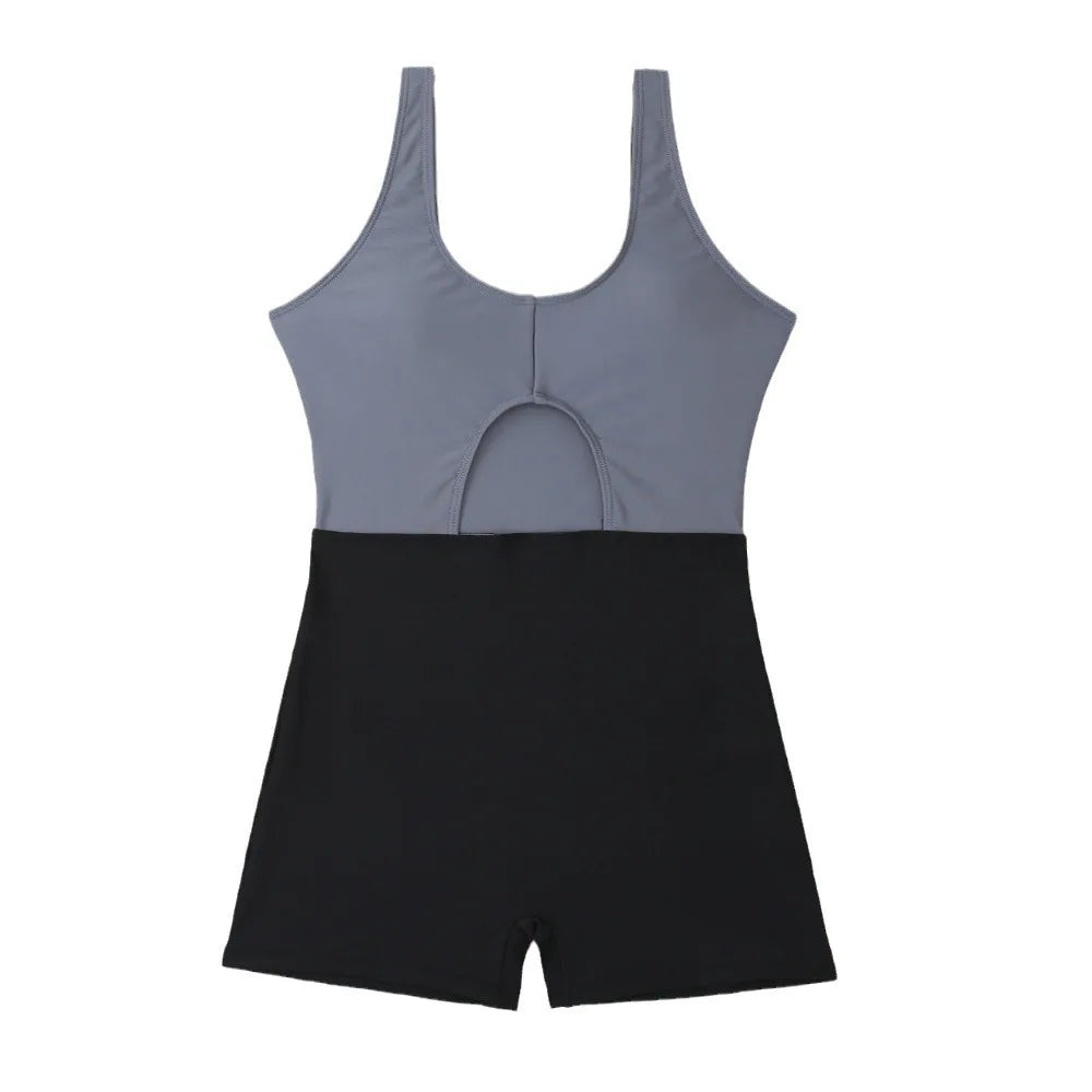 New Solid Color Matching Boxers Hollow One-piece Swimsuit Bikini