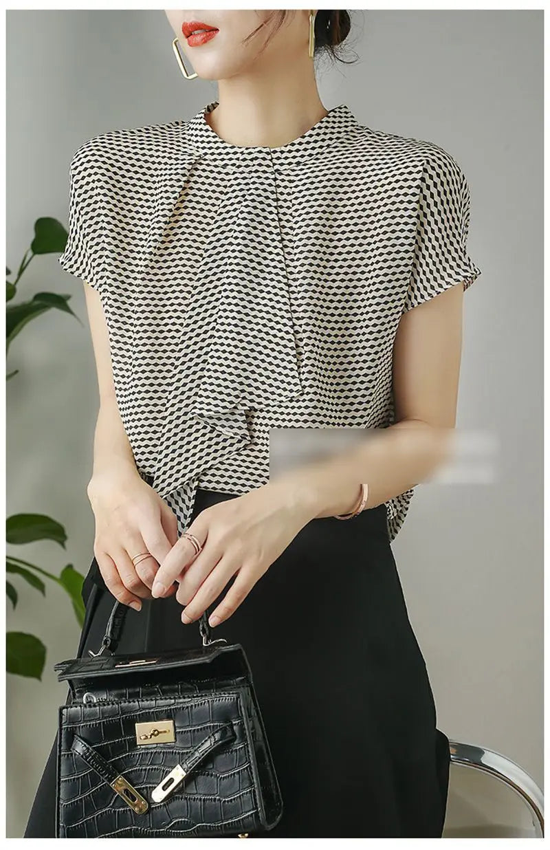 Striped Chiffon Shirt  Women Short-sleeved Fashionable Loose French Chic Feminine Belly Covering Top