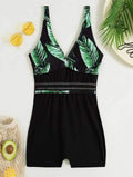 New Leaf Print Color Matching Boxers One-piece Swimsuit