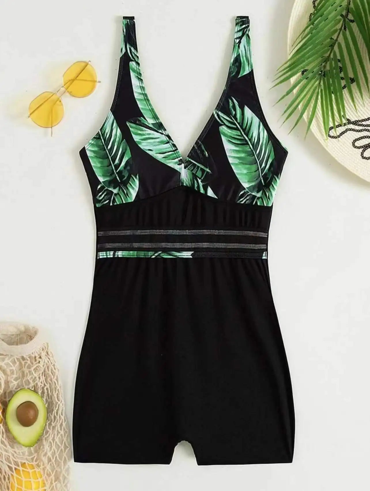 New Leaf Print Color Matching Boxers One-piece Swimsuit