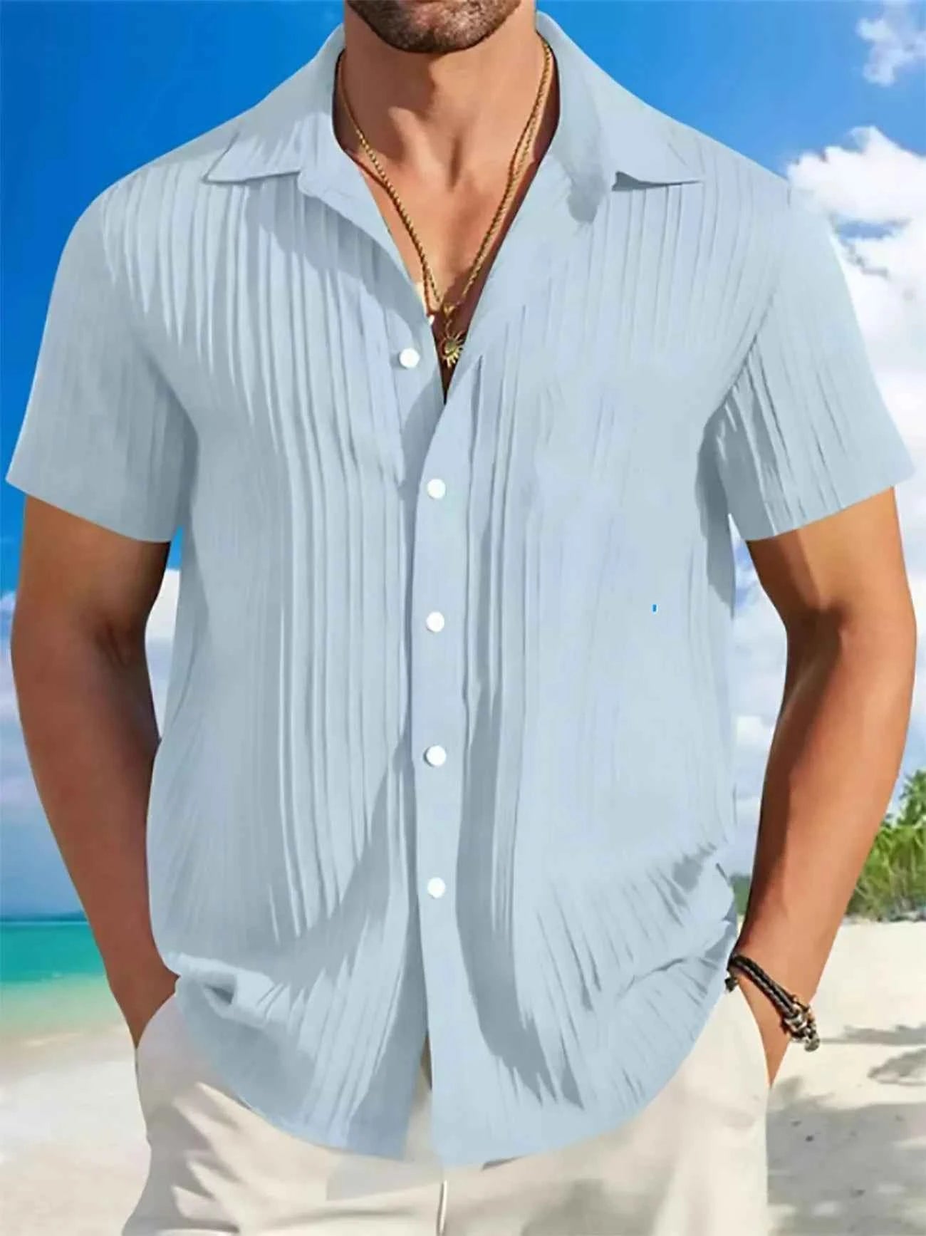 Shirt  Hawaiian Shirt Short Sleeve Cardigan Striped Lapel Solid Color All-match Breathable Quick Drying Men's Casual Shirt
