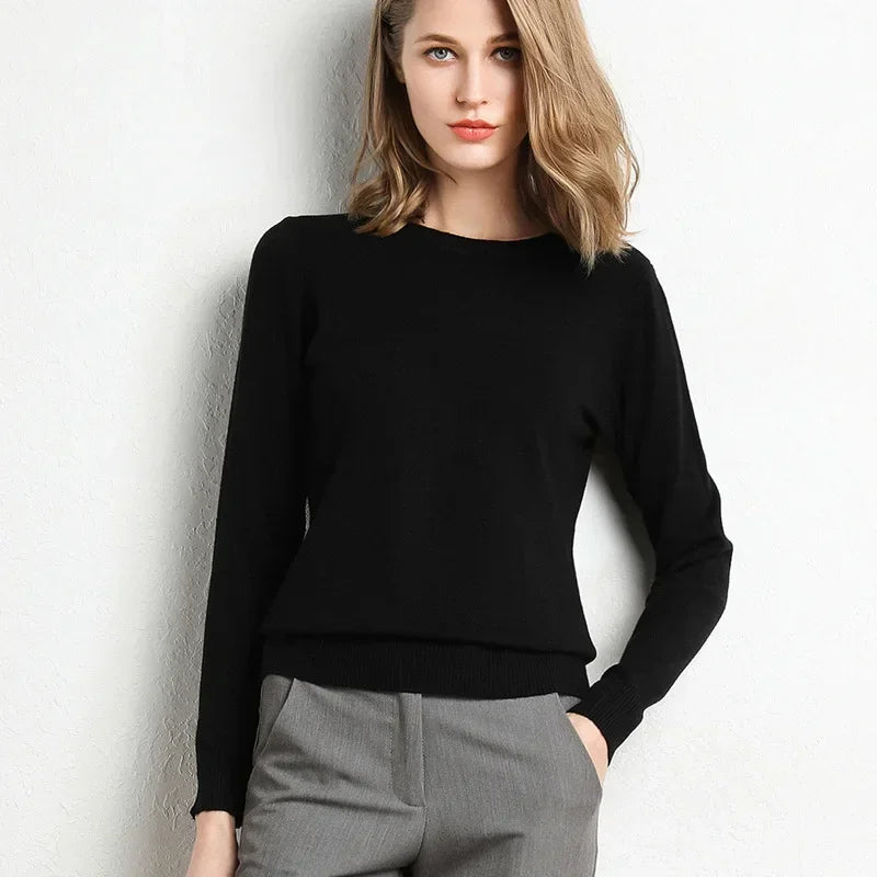 Women's Slim O-Neck Cashmere Wool Blend Sweater