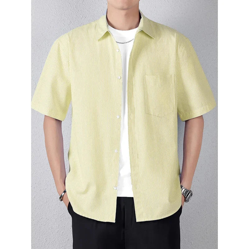 Short-sleeved shirt men's simple pinstripe high-end top summer loose and versatile new high-end men's shirt