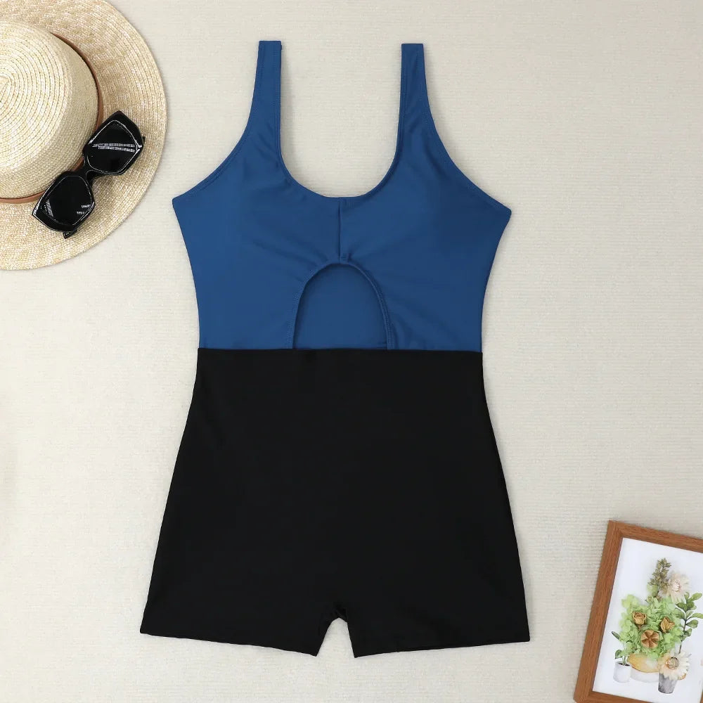 New Solid Color Matching Boxers Hollow One-piece Swimsuit Bikini