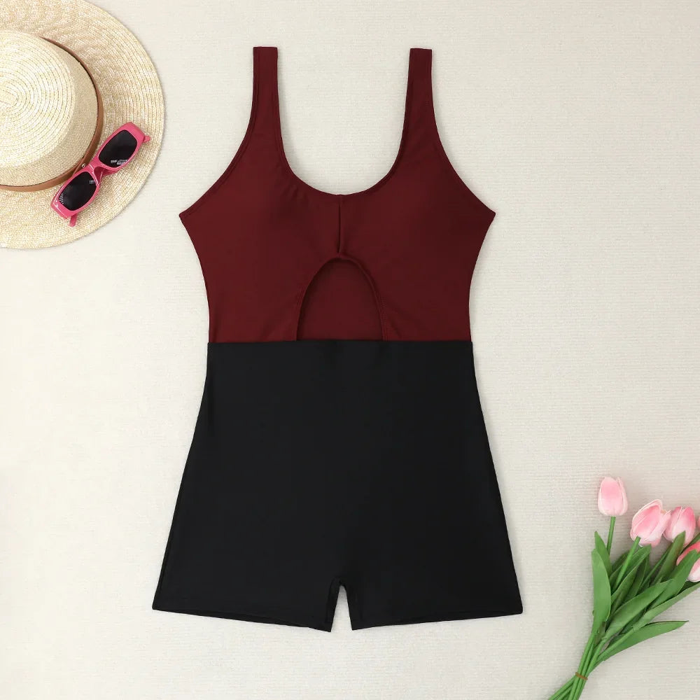 New Solid Color Matching Boxers Hollow One-piece Swimsuit Bikini