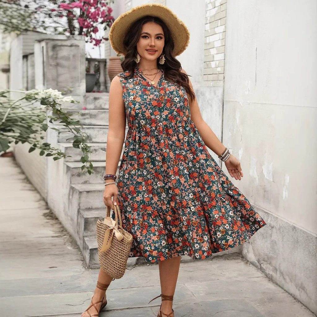 Dress  2025 Spring and Summer Foreign Trade Temperament Elegant Fashion Printed Sleeveless Dress for Women