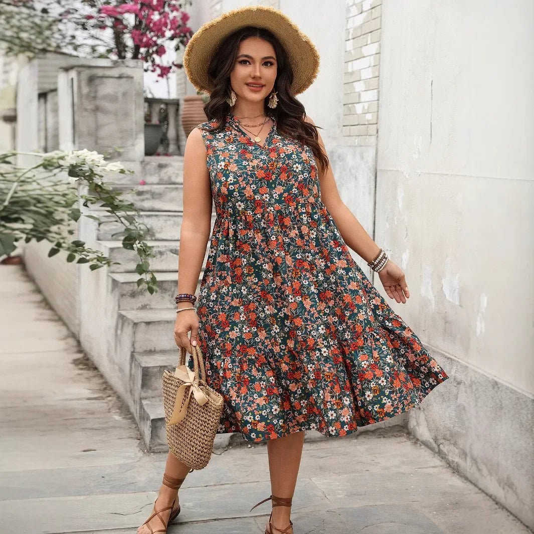 Dress  2025 Spring and Summer Foreign Trade Temperament Elegant Fashion Printed Sleeveless Dress for Women