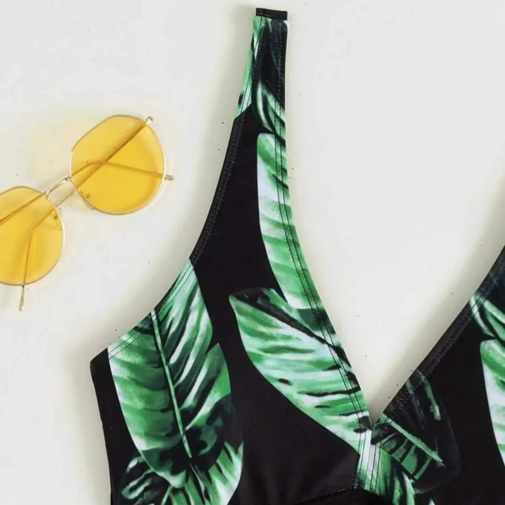 New Leaf Print Color Matching Boxers One-piece Swimsuit