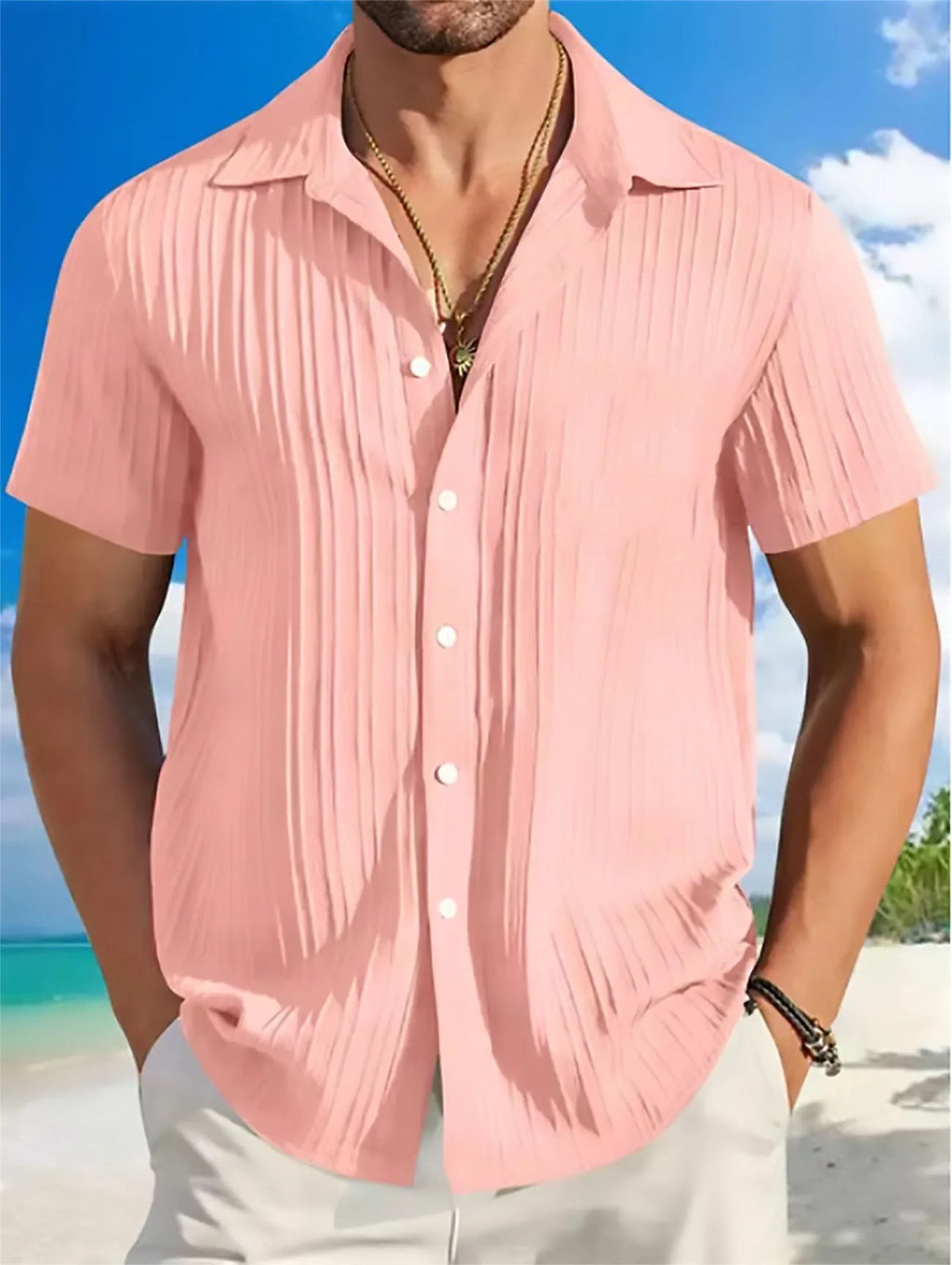 Shirt  Hawaiian Shirt Short Sleeve Cardigan Striped Lapel Solid Color All-match Breathable Quick Drying Men's Casual Shirt