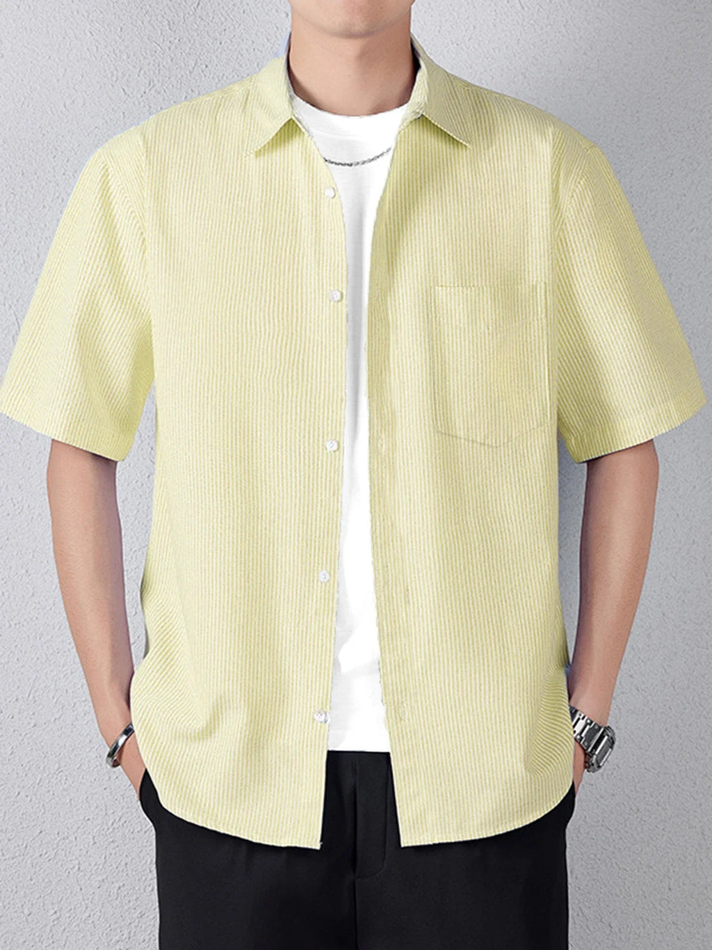 Short-sleeved shirt men's simple pinstripe high-end top summer loose and versatile new high-end men's shirt