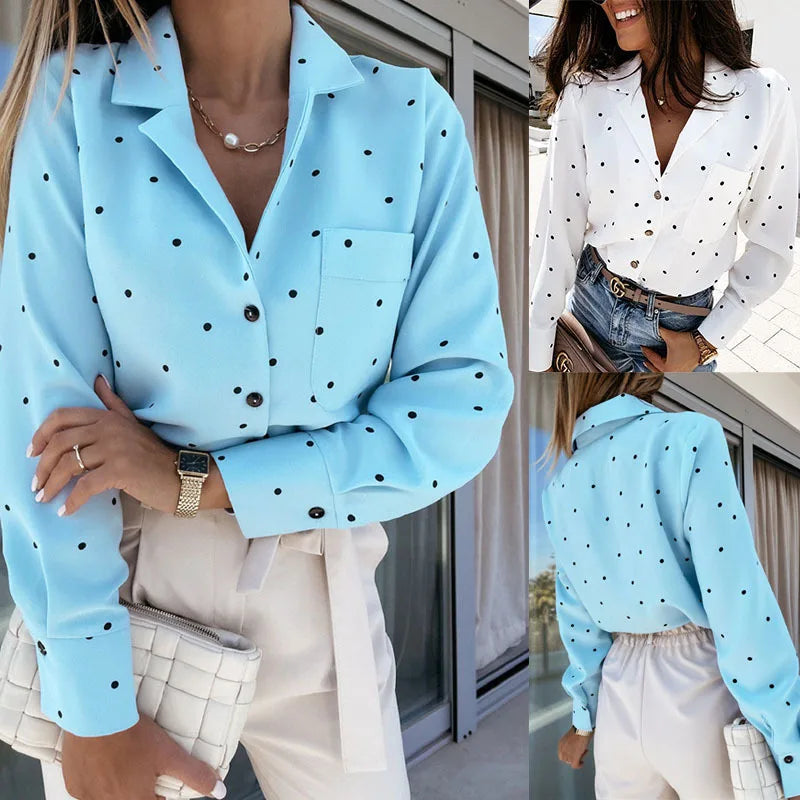 Spring Slim Button Polka Dot Long Sleeve Pocket Shirt Top Women's Clothing