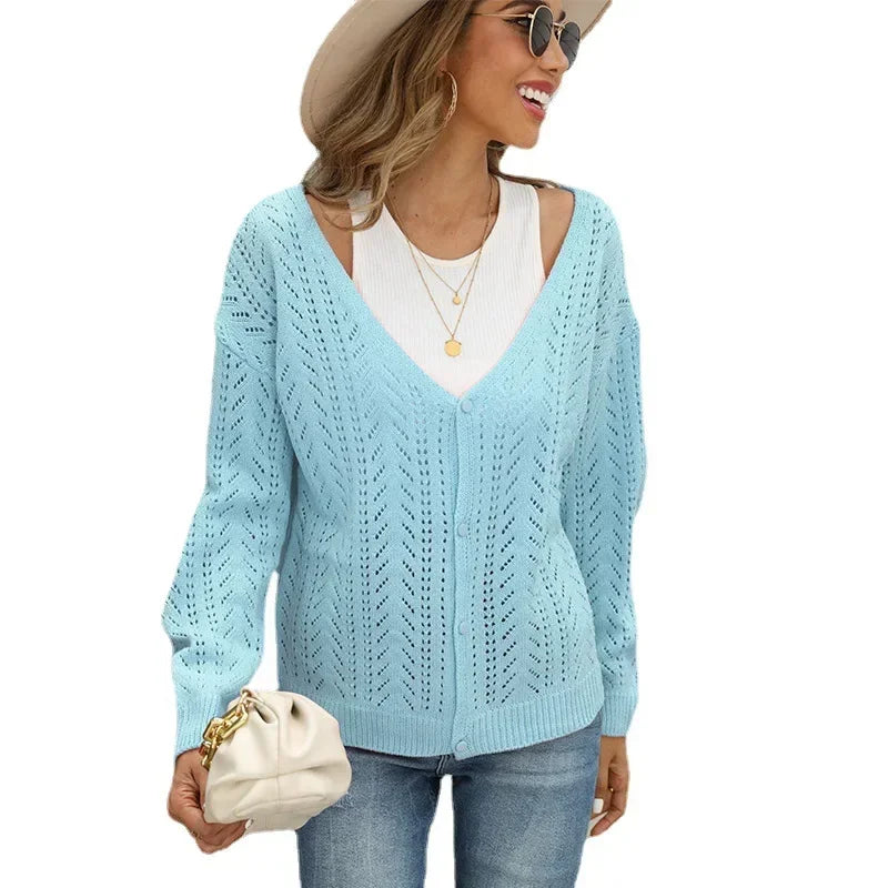 Openwork Cardigan Women's Autumn/winter Solid Color V-neck Long Sleeve Knitwear Temperament Commuter Sweater