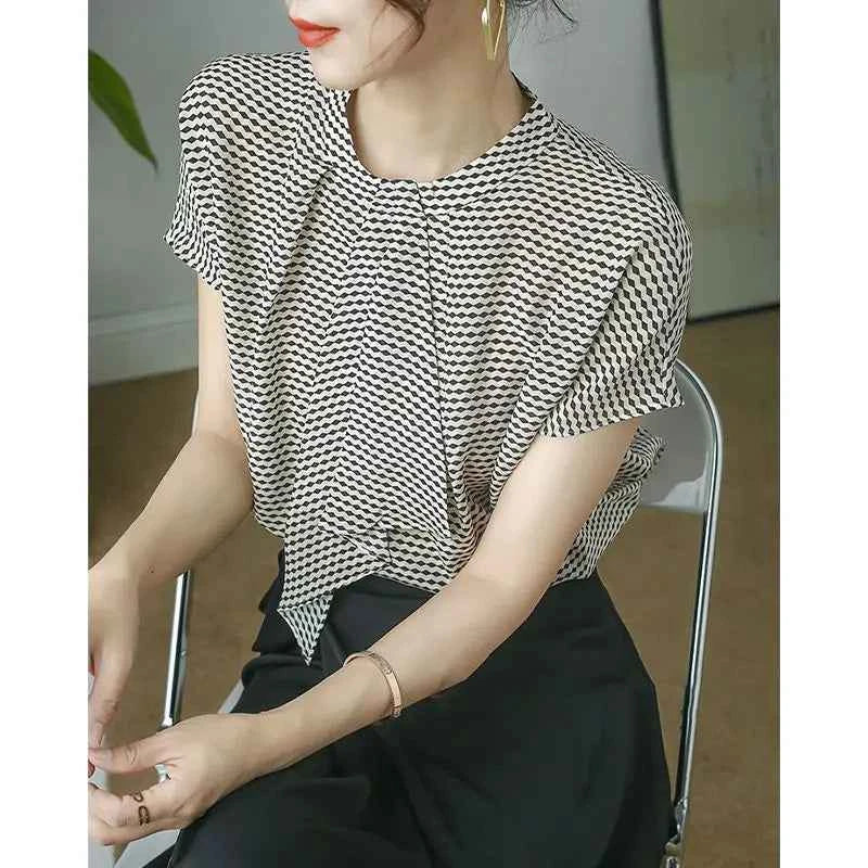 Striped Chiffon Shirt  Women Short-sleeved Fashionable Loose French Chic Feminine Belly Covering Top