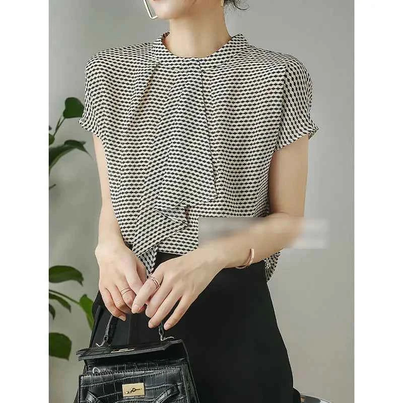 Striped Chiffon Shirt  Women Short-sleeved Fashionable Loose French Chic Feminine Belly Covering Top