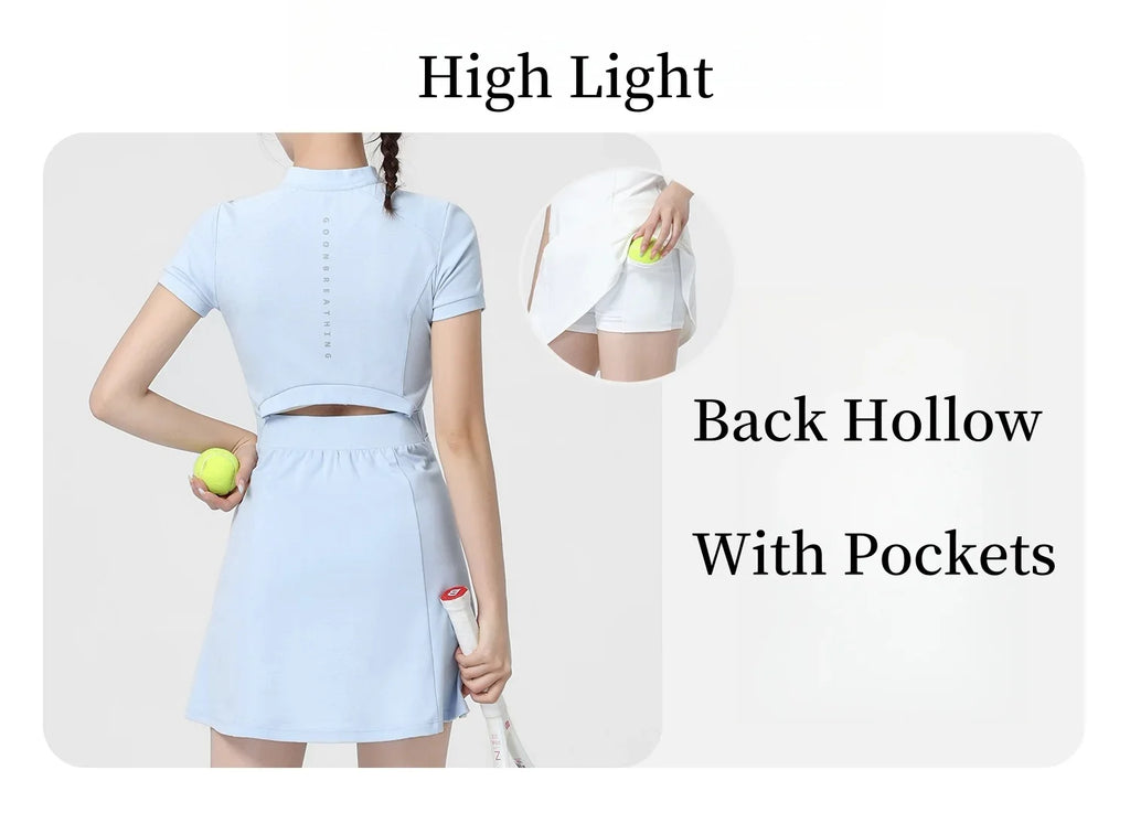 DRUR Elegant Tennis Dress Women Summer Lightweight Quick Dry Sports Dress Back Hollow Out Golf Wear Yoga Clothing Sportswear New