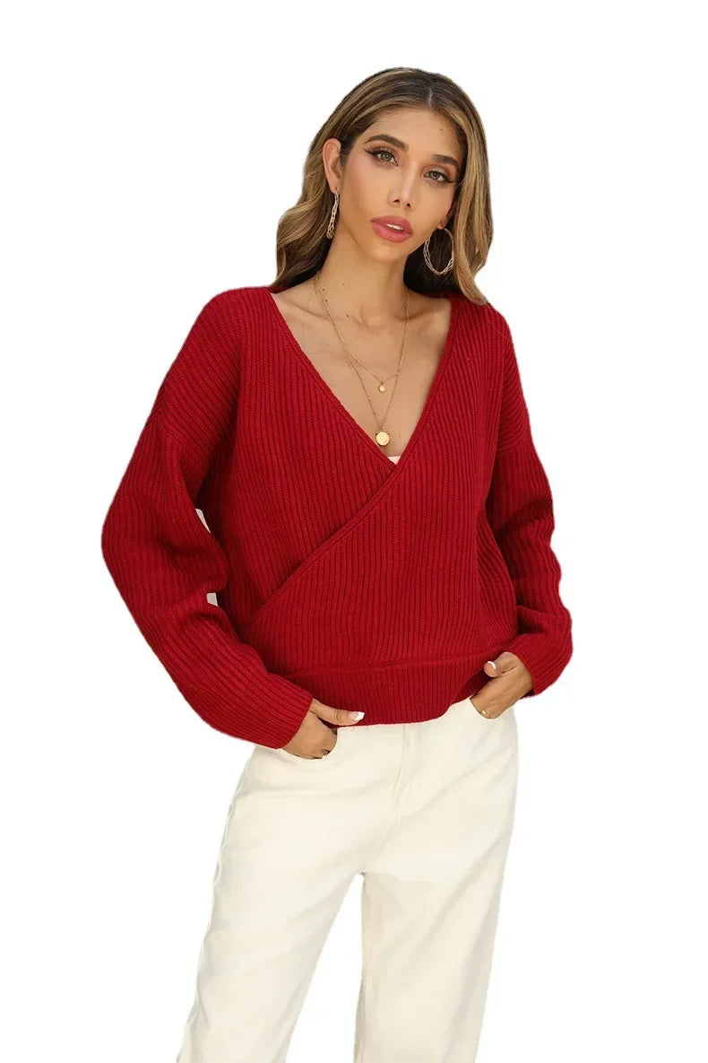 Sweater Women's Solid Color Long Sleeve Knitted Top  Autumn/Winter New V-neck Sweater Women