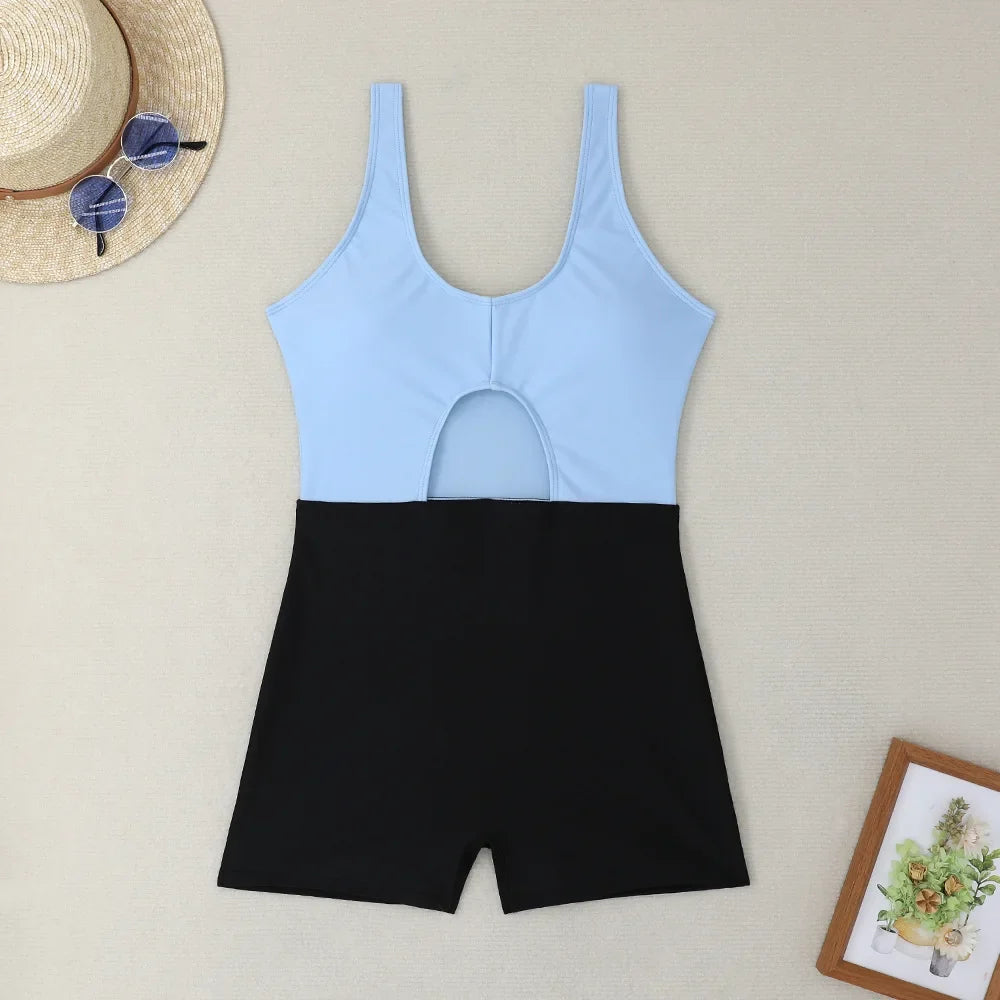 New Solid Color Matching Boxers Hollow One-piece Swimsuit Bikini