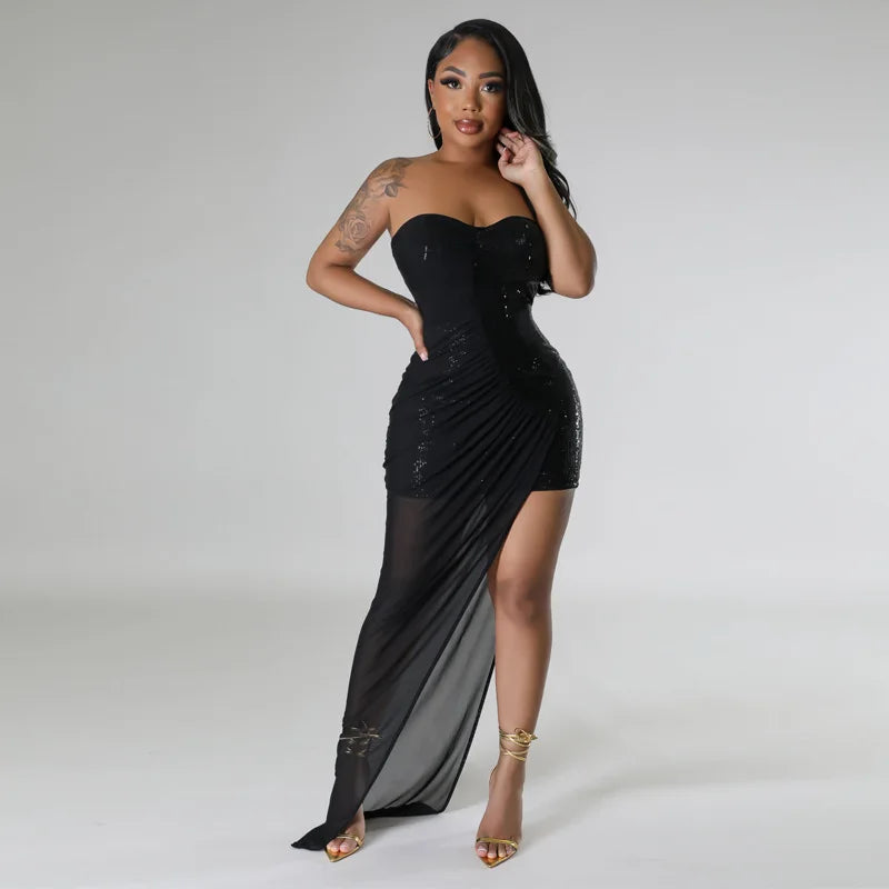 Women's New Sequined Dress Split Bead Tube Top Dress