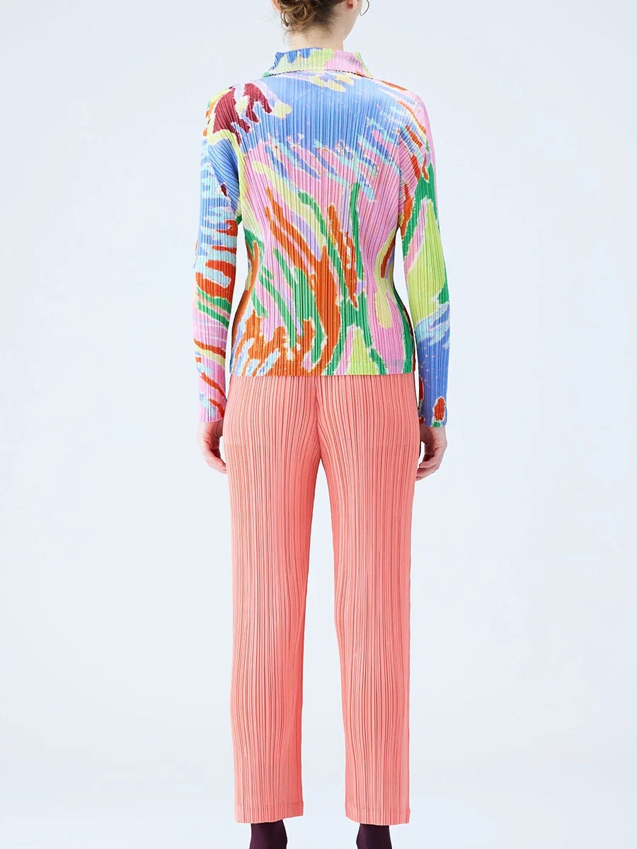 Women Pleated Print Long Sleeve Polo Shirt