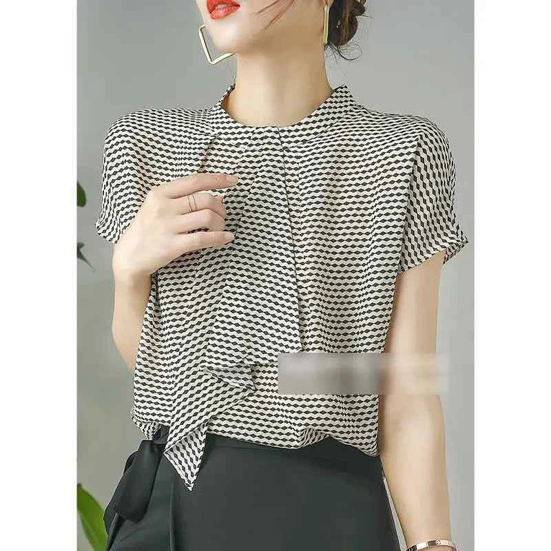 Striped Chiffon Shirt  Women Short-sleeved Fashionable Loose French Chic Feminine Belly Covering Top
