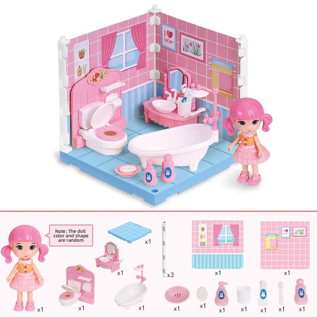 Mini Home Accessories DIY Doll House Furniture Assembly Model Simulated Bedroom Kitchen Decoration Pretend Play Toy Girl Gift