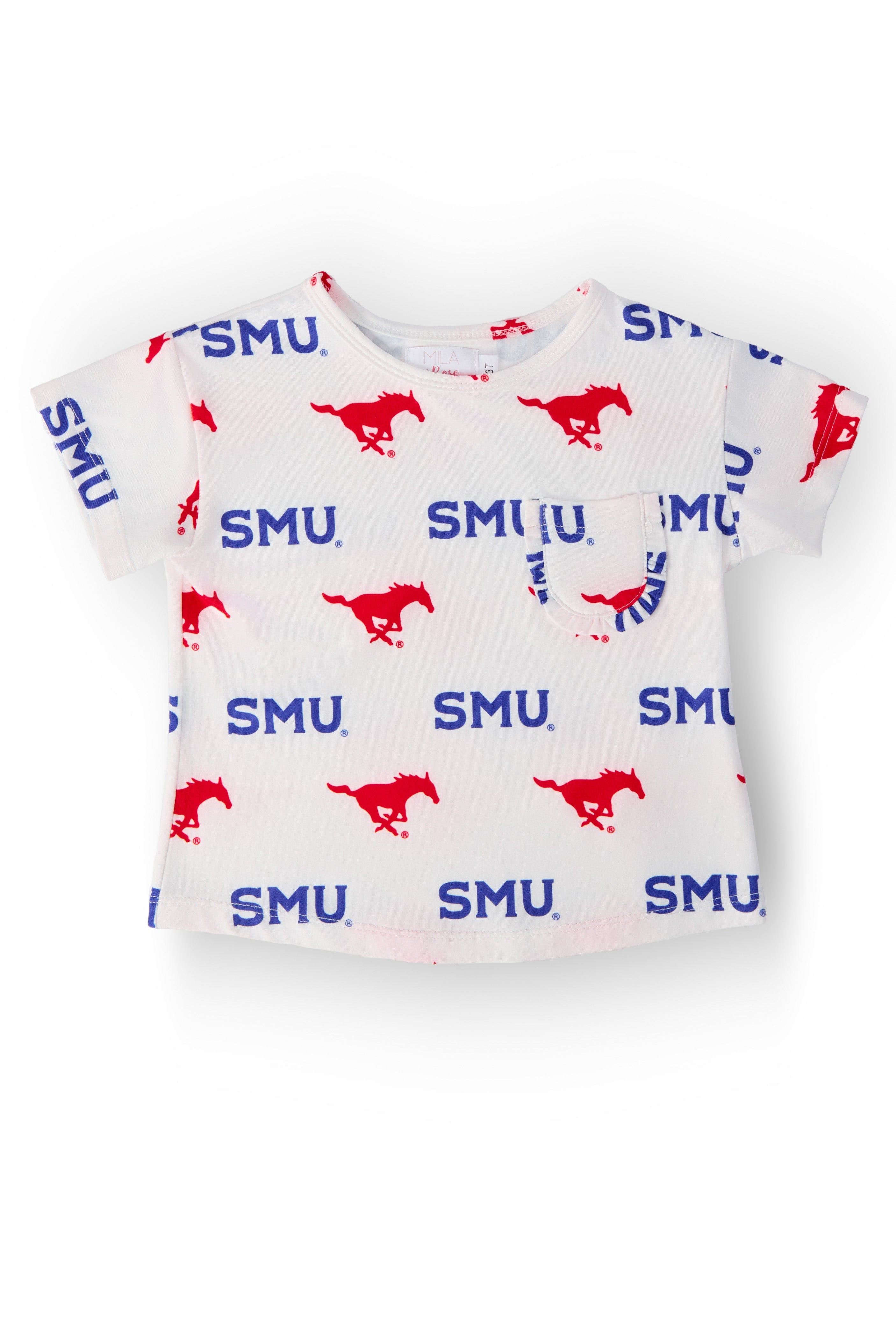 SMU White Mustang Ruffle Pocket Tee