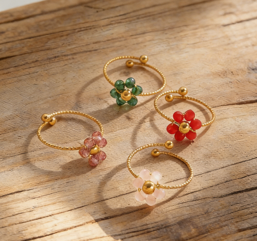 Stainless Steel Colorful Beaded Flower Ring