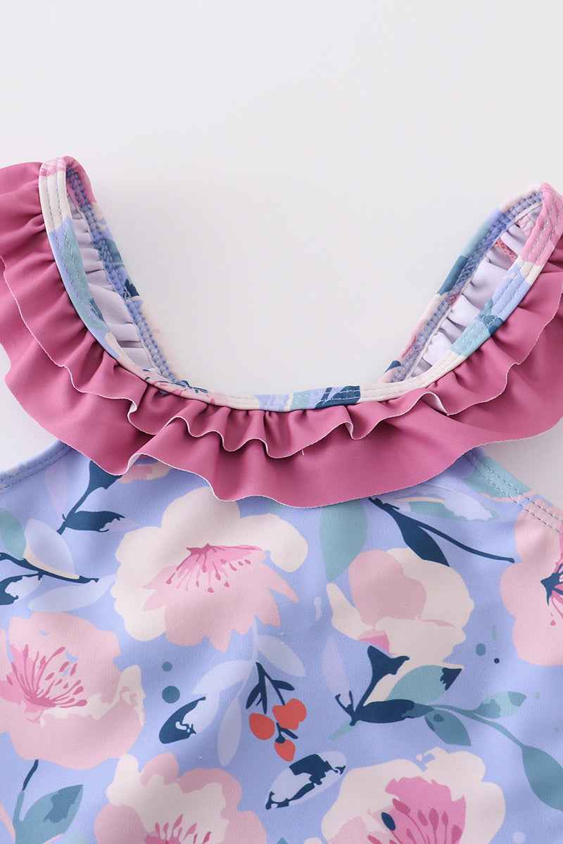 Floral pint ruffle girl swimsuit
