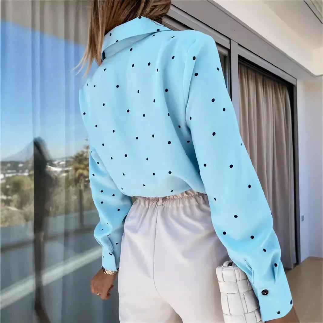 Spring Slim Button Polka Dot Long Sleeve Pocket Shirt Top Women's Clothing
