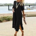 Spring Cotton Linen Oversize Women's Long Dress Black O-neck Pockets Side Split Loose Dresses Female Casual Ladies Clothes