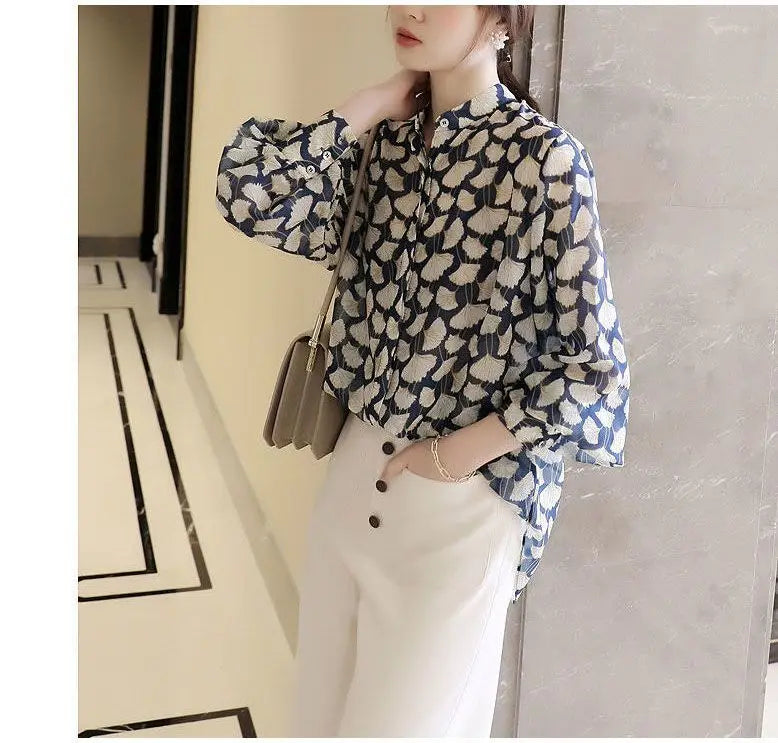 Striped Chiffon Shirt  Women Short-sleeved Fashionable Loose French Chic Feminine Belly Covering Top