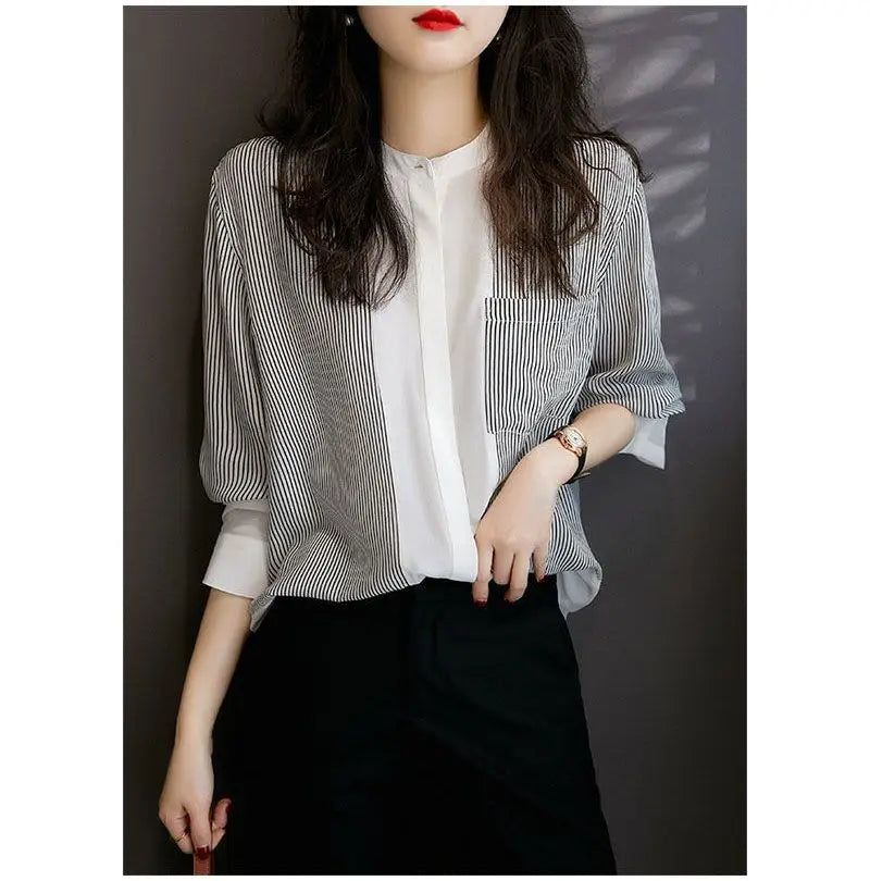 Striped Chiffon Shirt  Women Short-sleeved Fashionable Loose French Chic Feminine Belly Covering Top