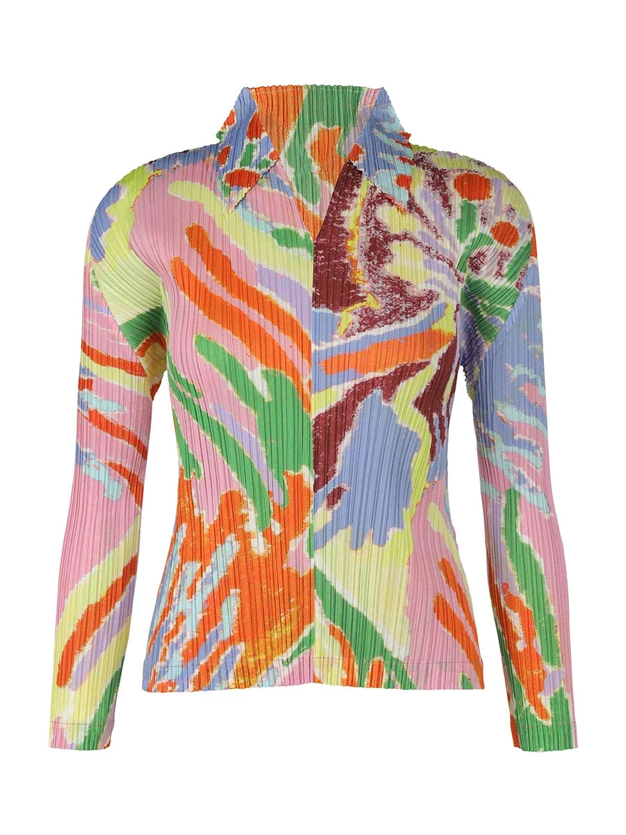 Women Pleated Print Long Sleeve Polo Shirt