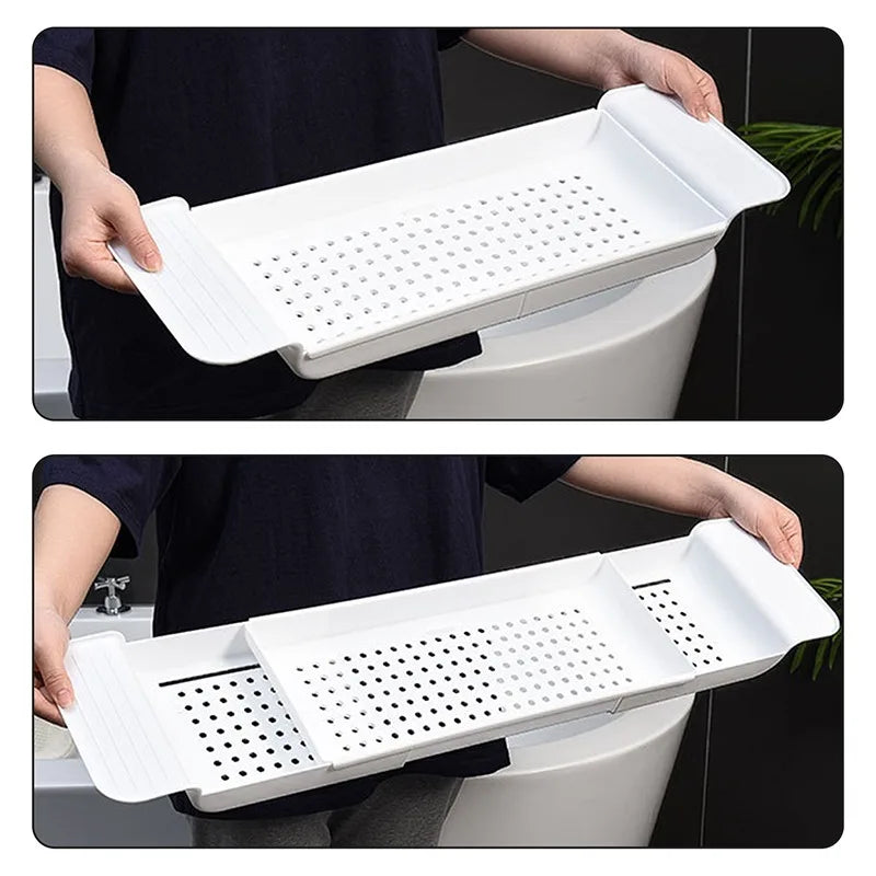 Multi-Function Bathtub Accessories: Retractable Bath Shelf, Tub Storage Rack, Towel Organizer for Bathroom