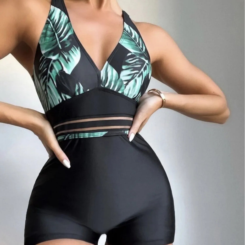 New Leaf Print Color Matching Boxers One-piece Swimsuit