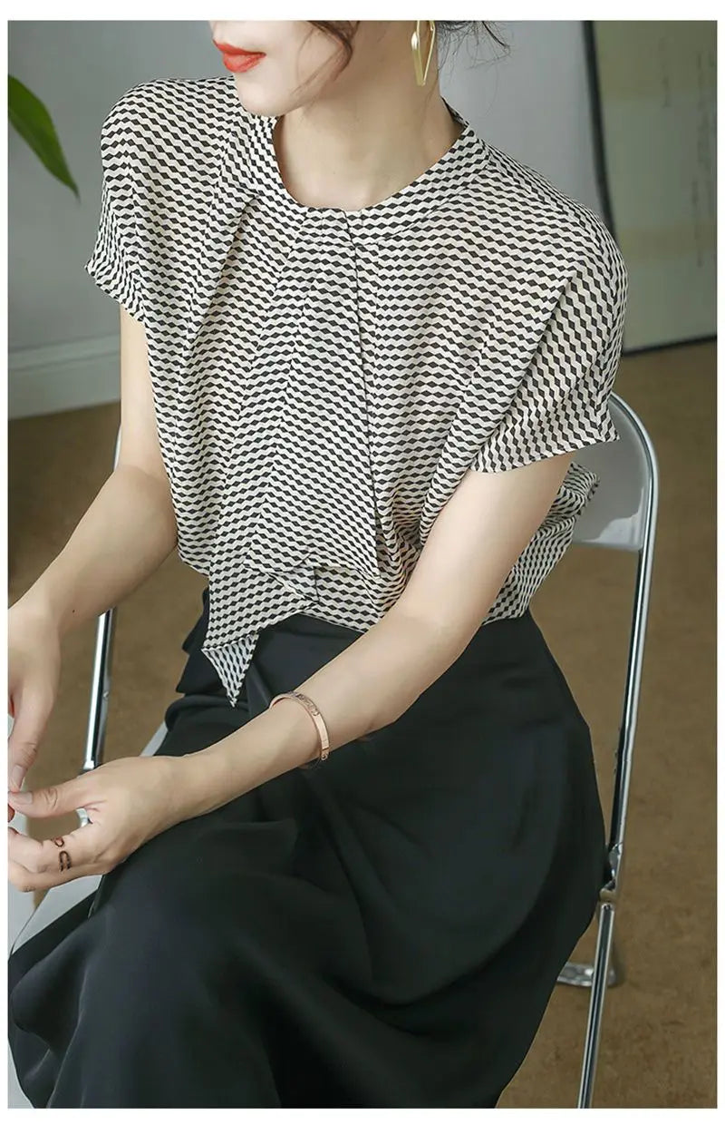 Striped Chiffon Shirt  Women Short-sleeved Fashionable Loose French Chic Feminine Belly Covering Top