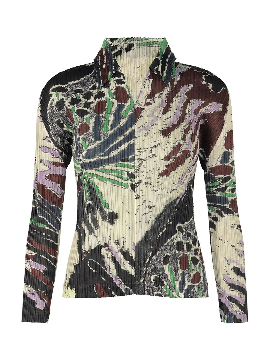 Women's Pleated Print Long Sleeve Polo Shirt