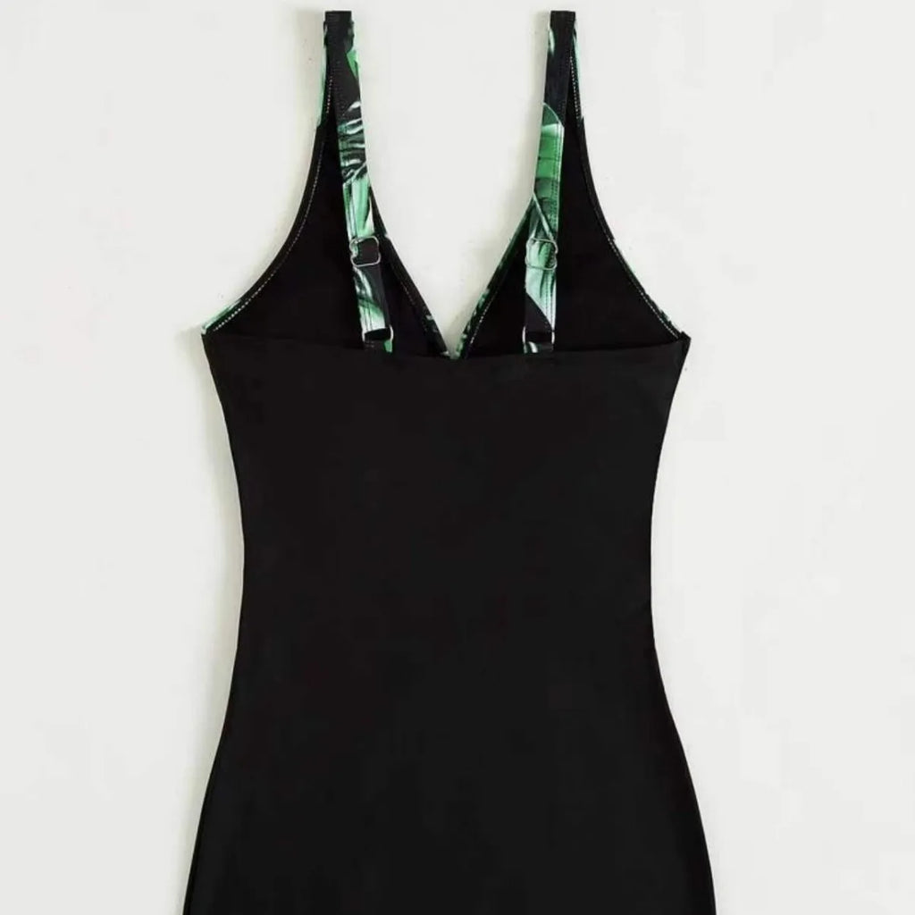 New Leaf Print Color Matching Boxers One-piece Swimsuit