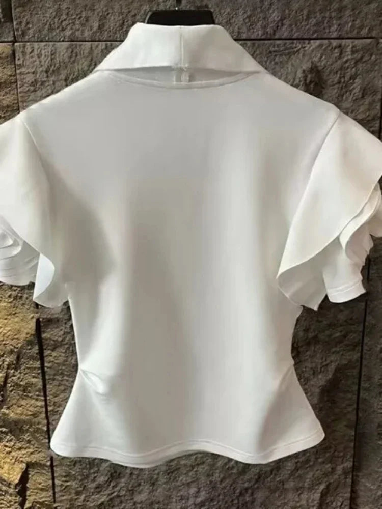 2025 Shirts for Women Ruffles Turn Down Collar Tshirt Fashion Temperament Party Zipper Y2K Tops Korean Summer White Pleated Tees