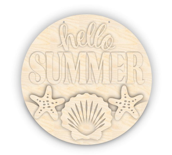 Unfinished Wood Seashell Hello Summer Door Sign Kit | Wood Craft Cutouts | 1/4" Thick |
