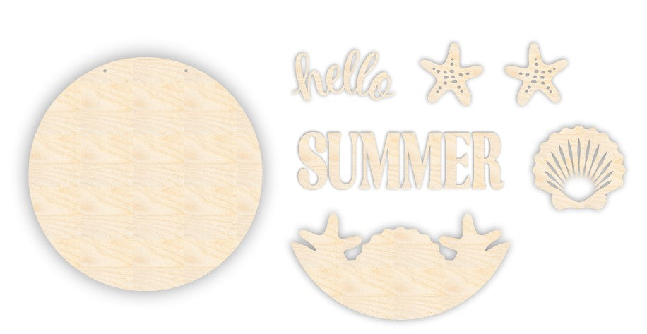 Unfinished Wood Seashell Hello Summer Door Sign Kit | Wood Craft Cutouts | 1/4" Thick |