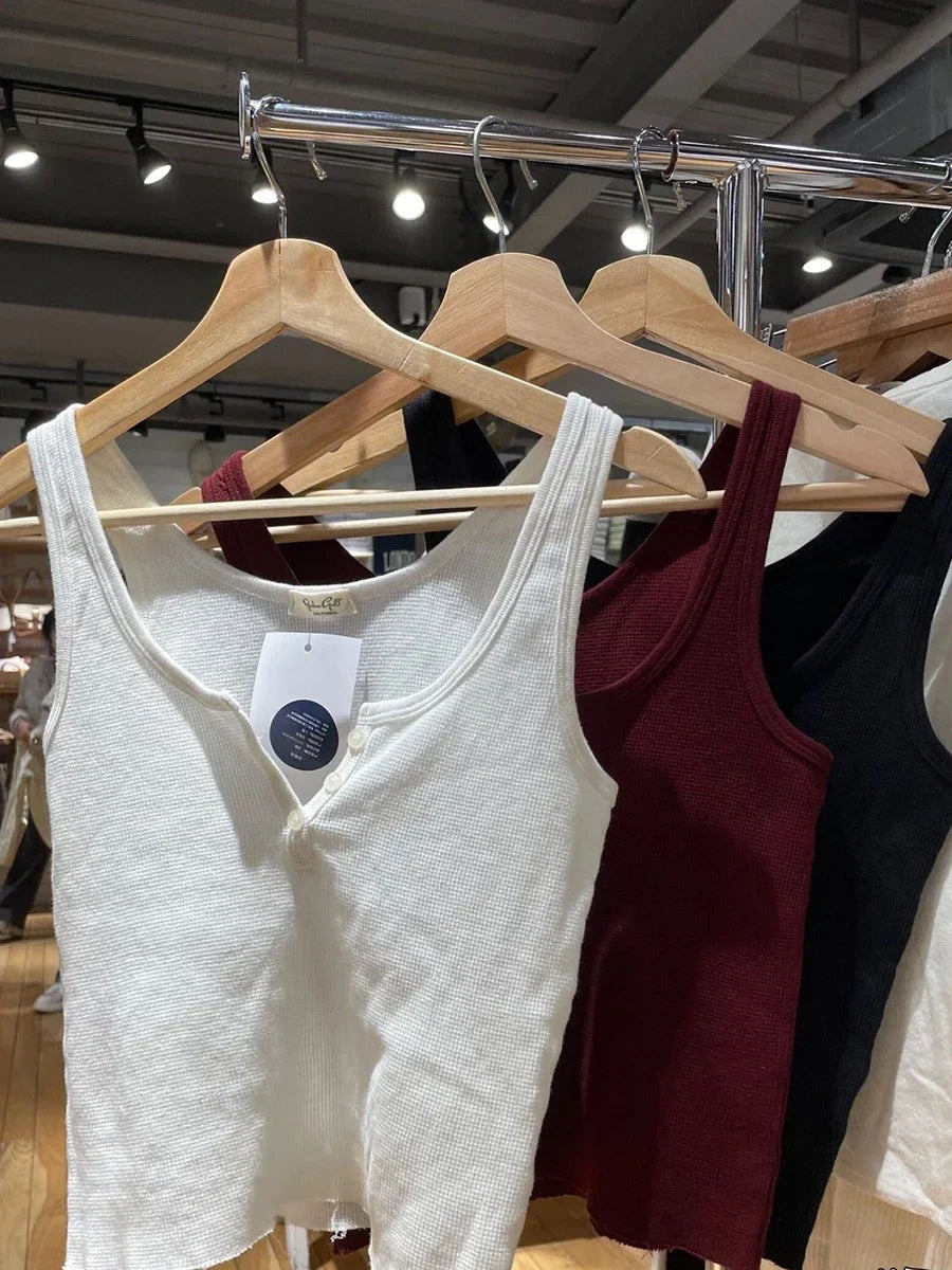 Buttons Waffle Cotton Tank Top Woman Round Neck Sexy Sleeveless Retro Crop Tops  Summer Solid Simple Vintage Y2k Vest Chic