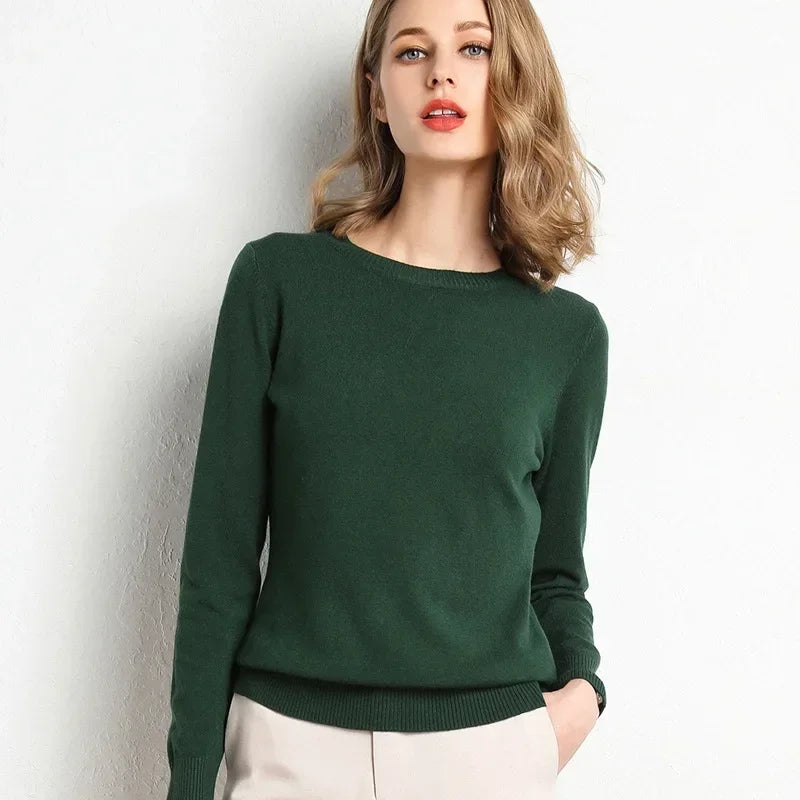 Women's Slim O-Neck Cashmere Wool Blend Sweater