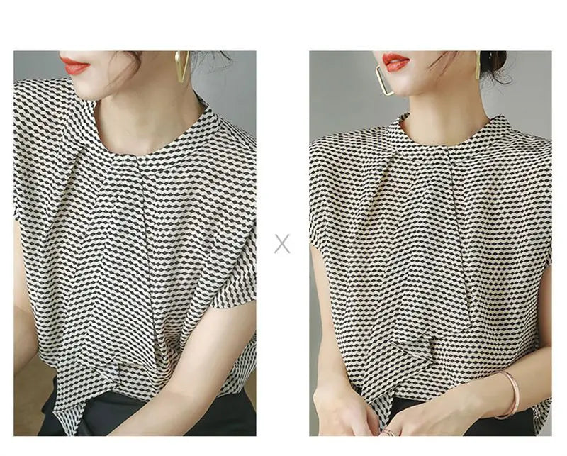 Striped Chiffon Shirt  Women Short-sleeved Fashionable Loose French Chic Feminine Belly Covering Top