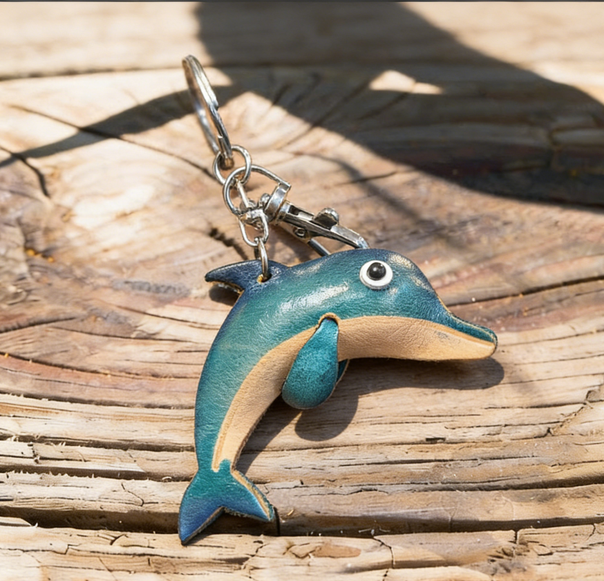 Vegetable-Tanned Leather Dolphin Keychain