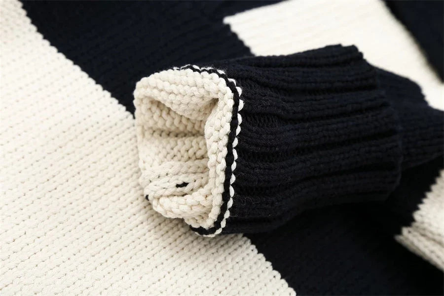 Women Fashion Black Striped Knit Sweater Spring Vintage Polo Neck Long Sleeve Female Pullovers Chic Tops