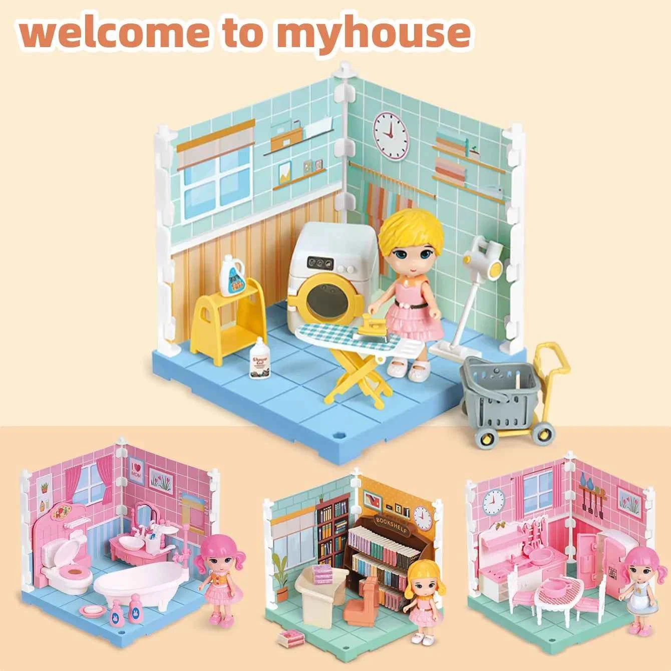Mini Home Accessories DIY Doll House Furniture Assembly Model Simulated Bedroom Kitchen Decoration Pretend Play Toy Girl Gift