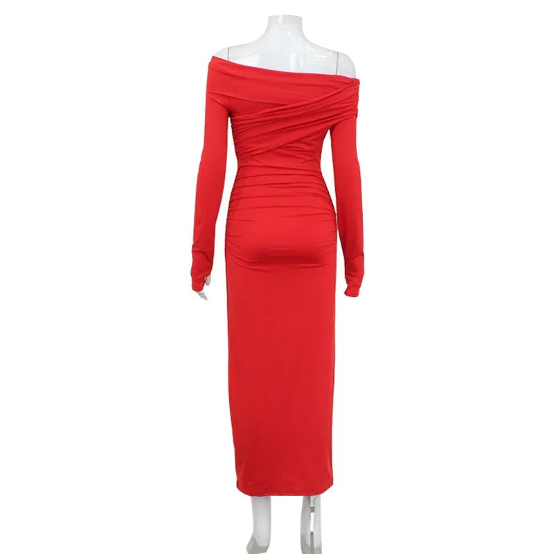 2025 New European and American Dresses for Women, One-shoulder Long-sleeved Temperament, Waist-packing Hip Skirt